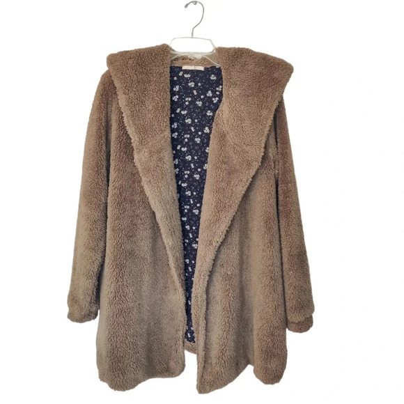 easel Jackets & Blazers - Easel Teddy Coat Brown Open Front Hoodie Size S